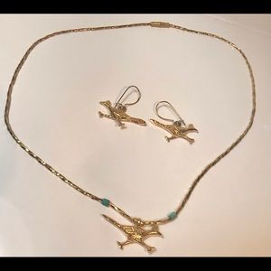 15” gold plated roadrunner necklace & 1” road runner earrings (P)